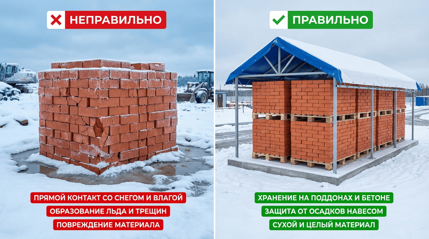 Правильное и неправильное хранение керамического рядового кирпича на улице зимой