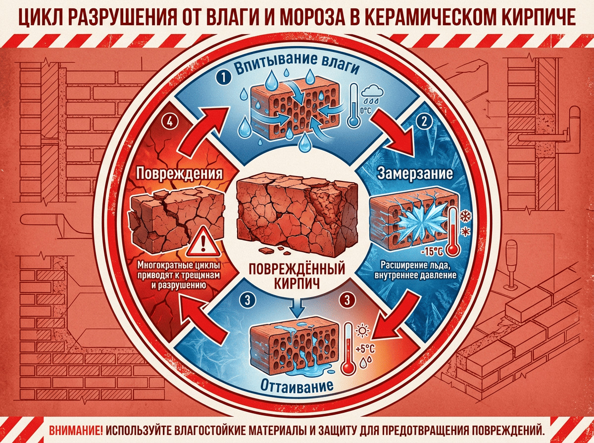 Цикл разрушения от влаги и мороза в керамическом кирпиче