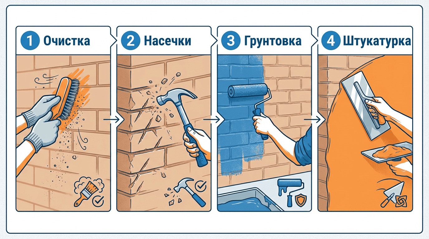 Подготовка кирпича к нанесению штукатурки